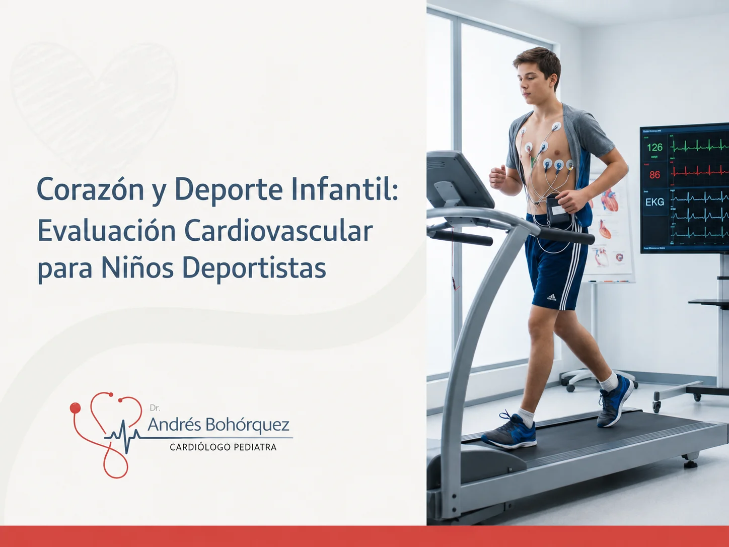 Niño deportista en prueba de esfuerzo cardiovascular con electrodos EKG - chequeo médico-deportivo Dr. Andrés Bohórquez Medellín